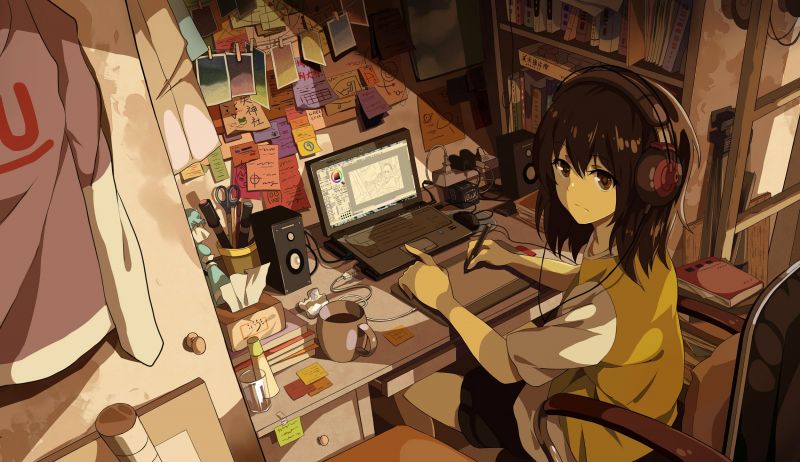 anime, anime dívky, Původní znaky, pokoj, místnost, manga, sluchátka anime, anime dívky, Původní znaky, pokoj, místnost, manga, sluchátka
