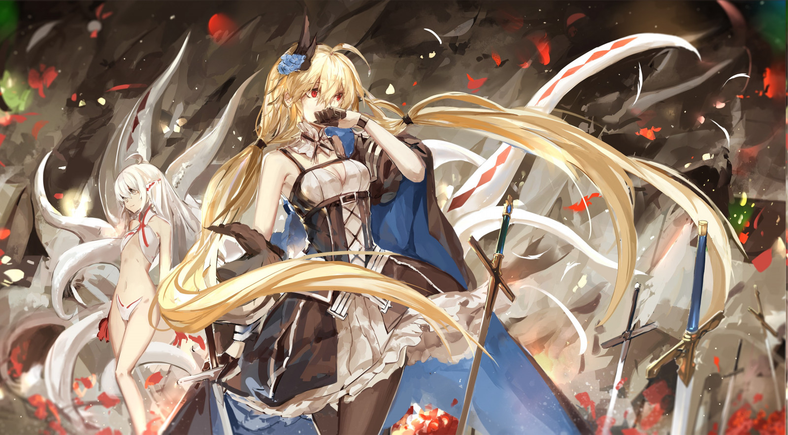 blond, langt hår, anime, Anime piger, røde øjne, sværd, twintails, kappe, pandebånd, strømpebukser, Pixiv Fantasia, fangarme, blomsterblade, Pixiv Fantasia Fallen Kings, Armeechef, Haustier, KUNST, computer tapet, 3000x1658 px, cg artwork