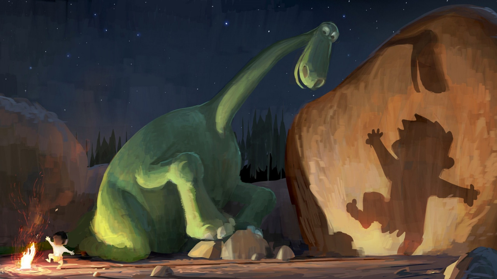 la pittura, illustrazione, arte digitale, animali, notte, natura, danza, pietre, ombra, stelle, fuoco, Pixar Animation Studios, dinosauri, murale, Il buon dinosauro, ARTE, immagine dello schermo