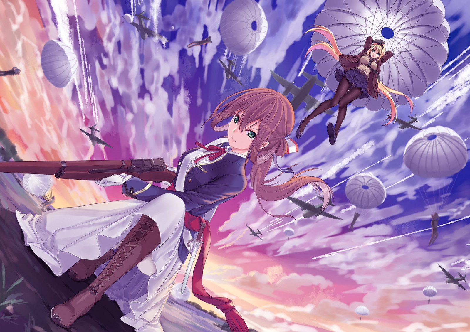 ilustrace, pistole, dlouhé vlasy, anime, anime dívky, zelené oči, zbraň, nůž, jednotný, dívky Frontline, Snímek obrazovky, počítač tapeta, mangaka