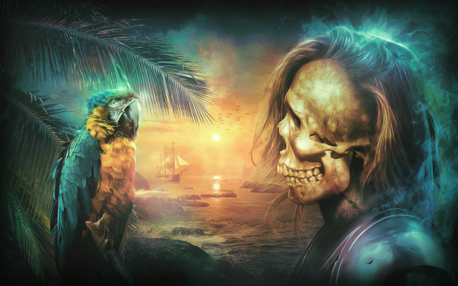 1920x1200 px, eläimet, taiteellinen, lintuja, tumma, desktopograghy, fantasia, papukaijat, merirosvot, laivat, Skulls