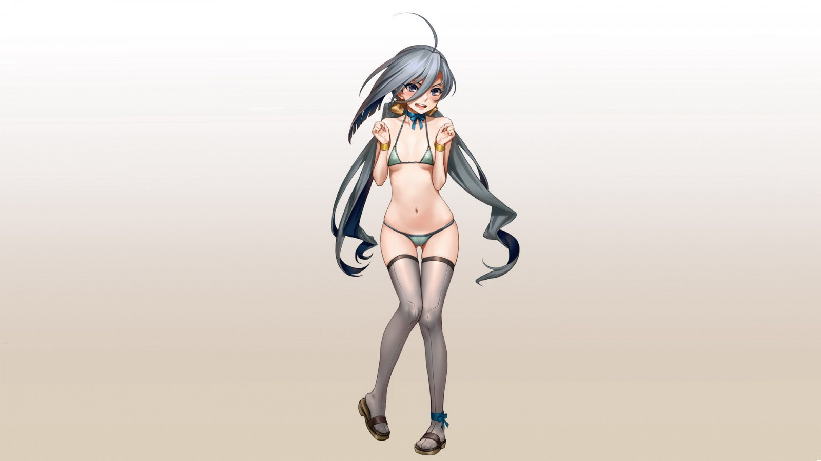 ilustrace, jednoduché pozadí, dlouhé vlasy, anime, anime dívky, otevři pusu, kreslená pohádka, Kantai Collection, punčochy, šedé vlasy, twintails, červenající se, bikiny, stuha, Hračka, fialové oči, pupky, Osoba, malá prsa, plavky, ahoge, Kiyoshimo KanColle, skica, figurka, akční figurka