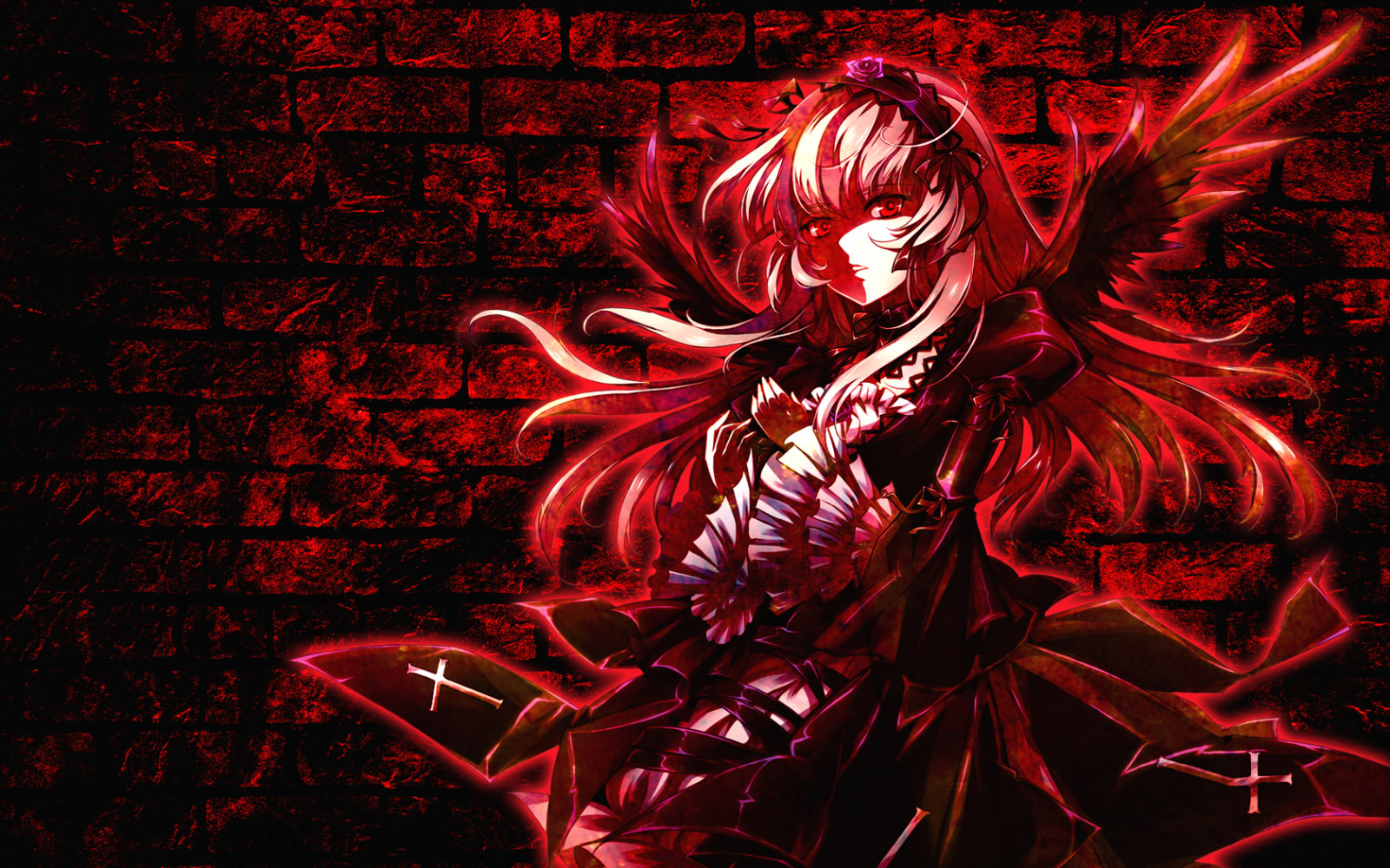 illustrazione, anime, anime girls, rosso, demone, Rozen Maiden, Suigintou, oscurità, sfondo del computer, personaggio fittizio