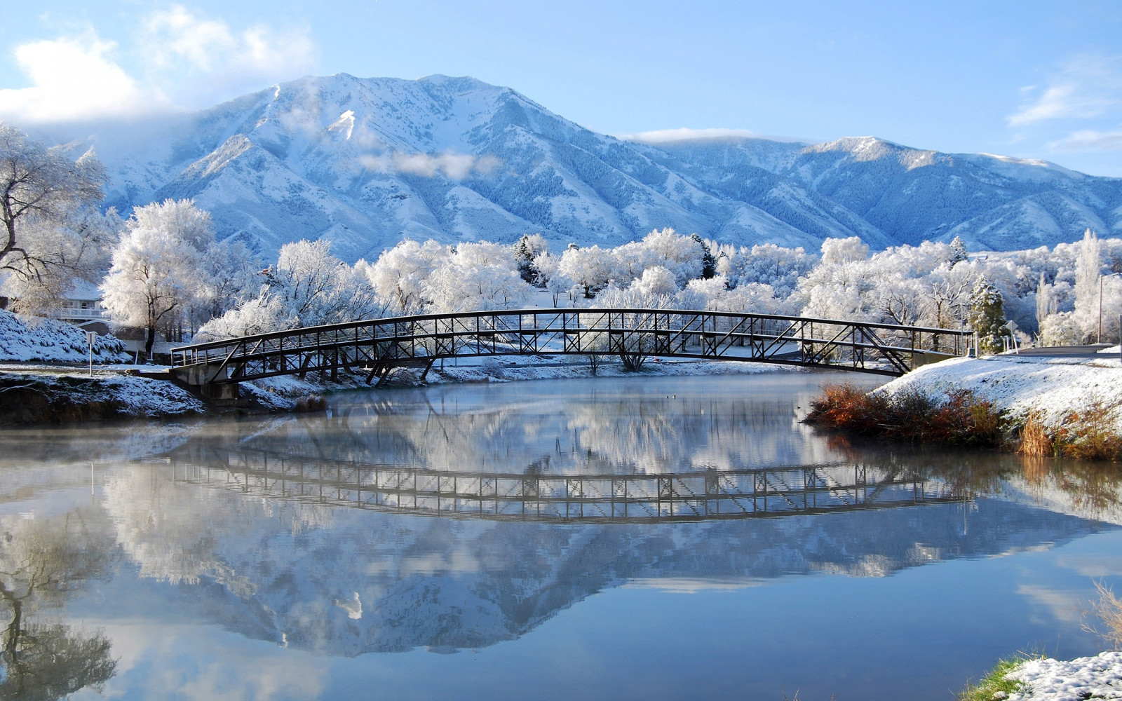 landschap, meer, water, natuur, reflectie, park, sneeuw, winter, ijs-, ochtend-, vorst, brug, rivier-, vallei, wildernis, stroom, Alpen, wolk, berg-, weer, seizoen, atmosferisch fenomeen, bergachtig landforms, landform, geografisch kenmerk, bergketen