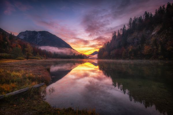 pond,water,sunlight,forest,mountain view,mountains