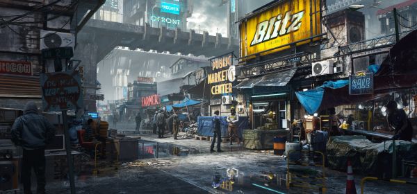 digital art,artwork,illustration,neon sign,environment,market street