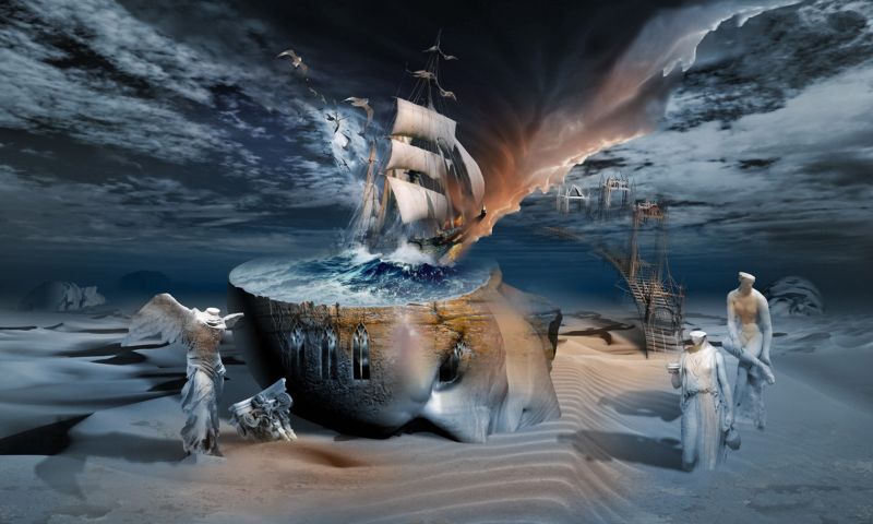 digitální umění, fantasy umění, odraz, moře, voda, vozidlo digitální umění, fantasy umění, odraz, moře, voda, vozidlo