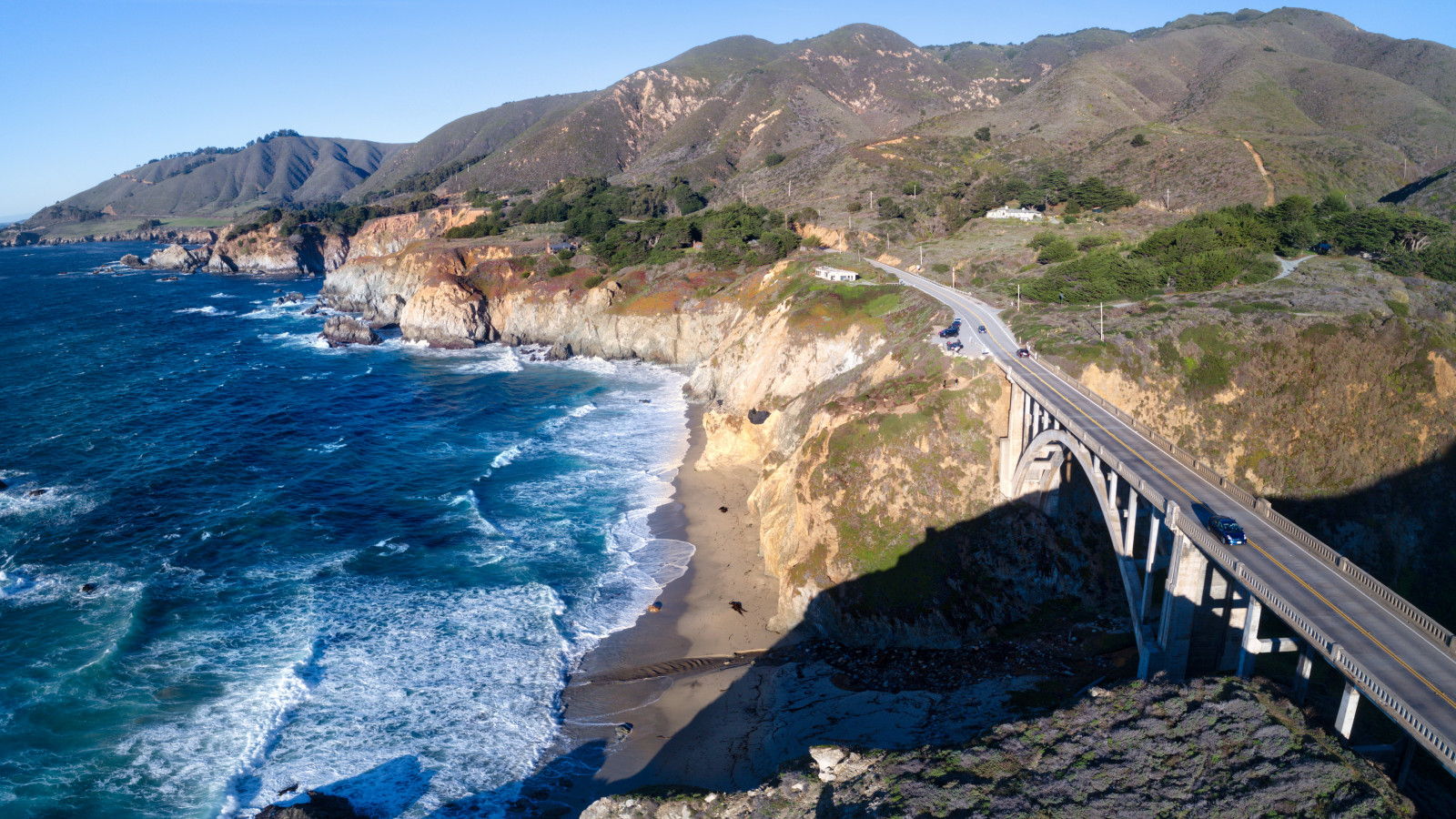Wallpaper landscape, 4k, water, beach, rocks, hills, bridge, road