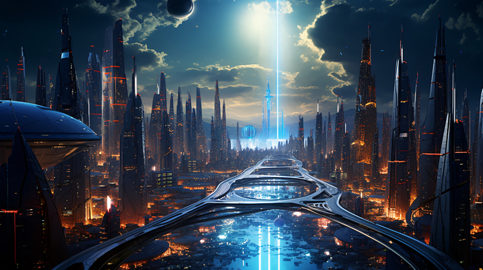 světla města, midjourney, umělecká díla, futuristický, panoráma města, kybernetika, holografický, Megastruktura