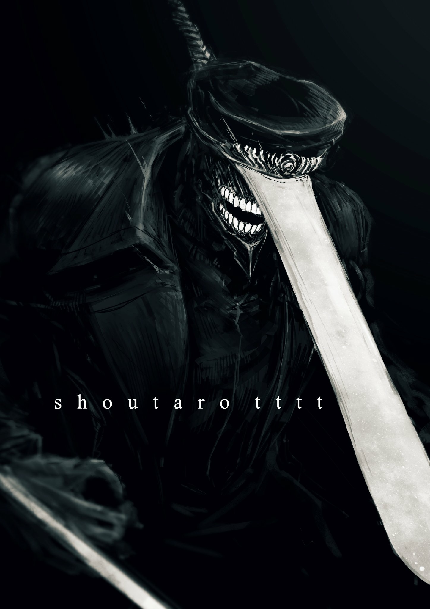 Chainsaw Man, Katana Man Chainsaw Man, černobílý, zuby, anime kluci