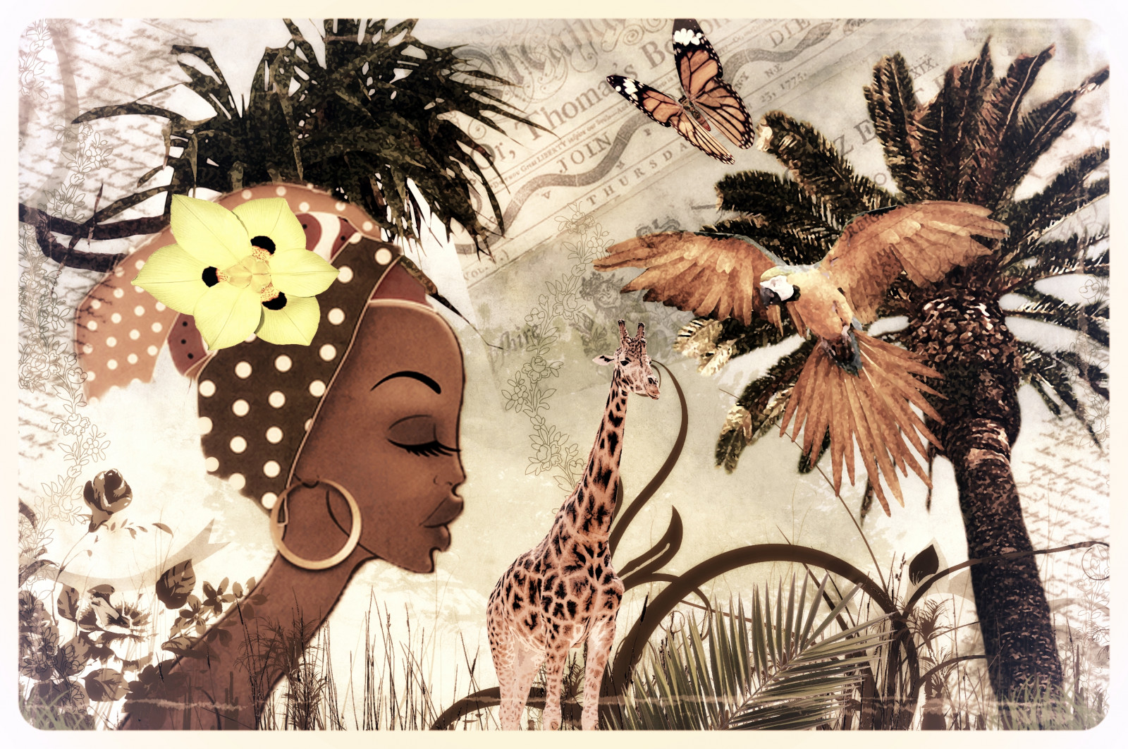 DeviantArt, výzva, květ, Afrika, Photoshop, PhotoArt, digitální umění, UMĚNÍ, photomanipulation, dlaň, strom, 2017, žirafa, pták, žena, tráva, textura, kartáče