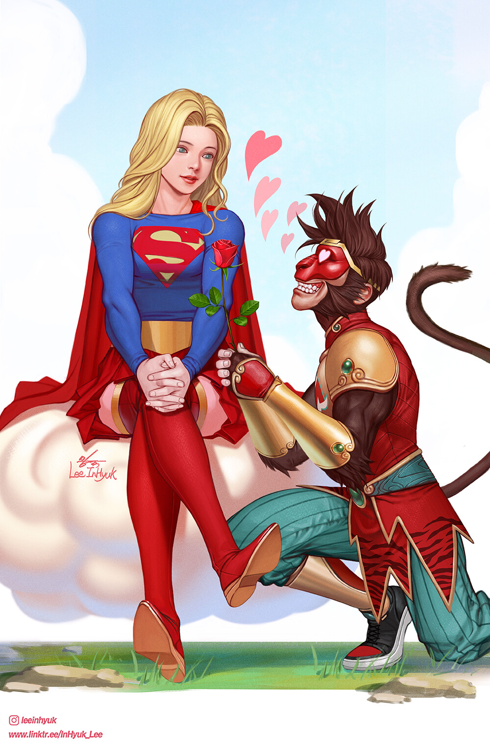 artwork, women, Supergirl, blonde, legs crossed, sitting, Heart Design, hands on knees, cape, watermarked