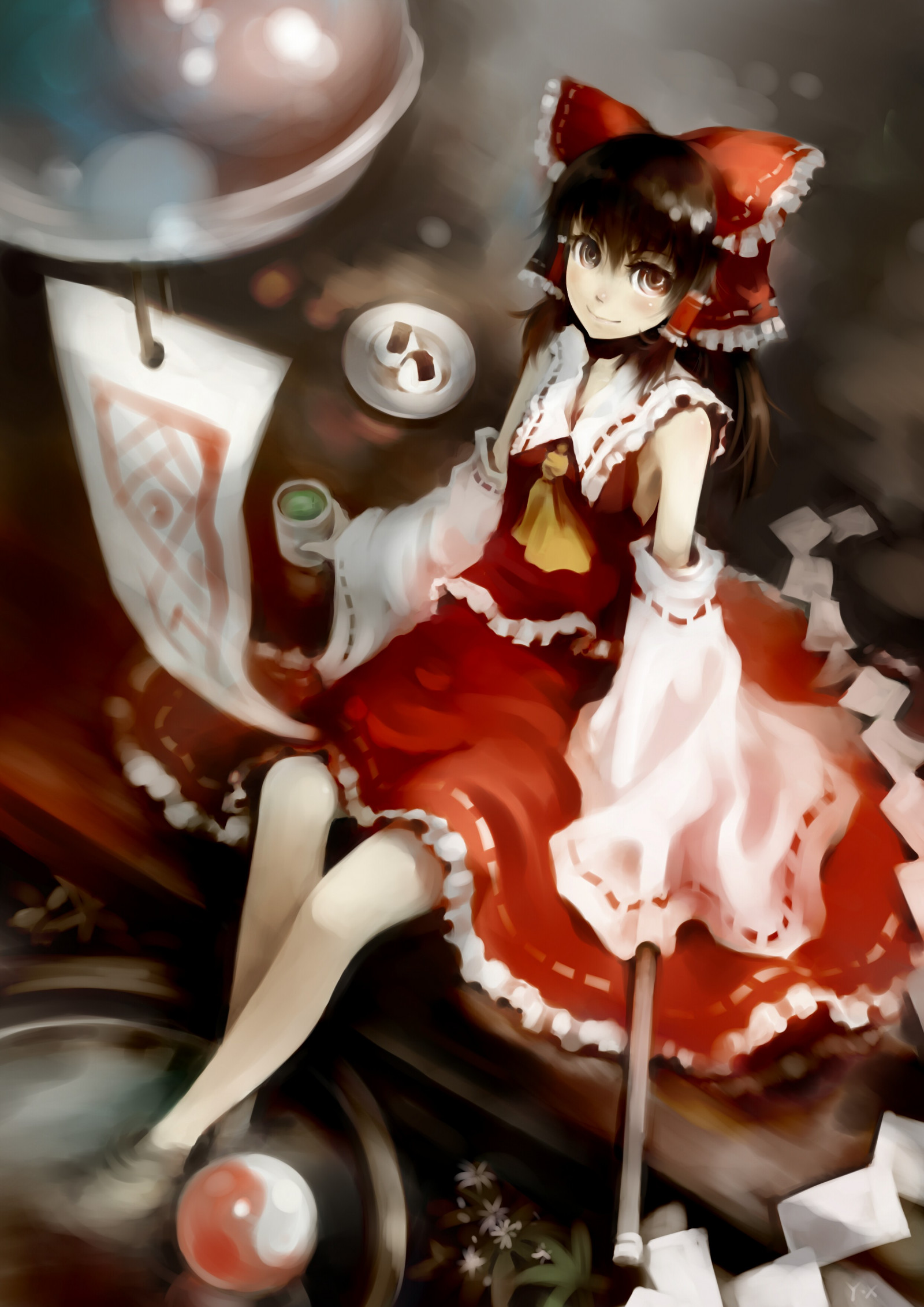 jídlo, dlouhé vlasy, anime, anime dívky, Červené, Touhou, hnědé oči, Vánoce, Hakurei Reimu, Hračka, dezert, figurka, sladkost