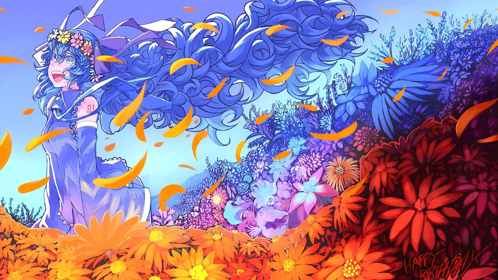 ilustrace, odvrátila, dlouhé vlasy, anime, anime dívky, modré oči, UMĚNÍ, květ, flóra, fraktální umění, ekosystém, psychedelické umění