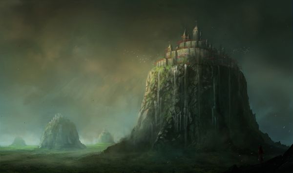fantasy art,clouds,castle,mountains,hills,birds