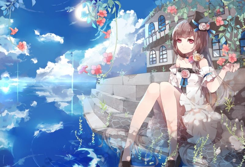 anime, κορίτσια anime, νερό, λουλούδια, ουρανός, καπέλο anime, κορίτσια anime, νερό, λουλούδια, ουρανός, καπέλο
