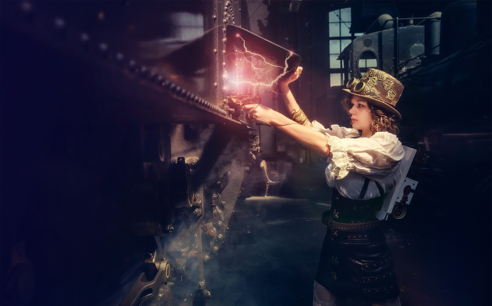 ženy, model, Steampunk, kytarista, zábava, představení, fáze, tma, Snímek obrazovky, koncert, hudební divadlo, zvláštní efekty, performance, múzických umění