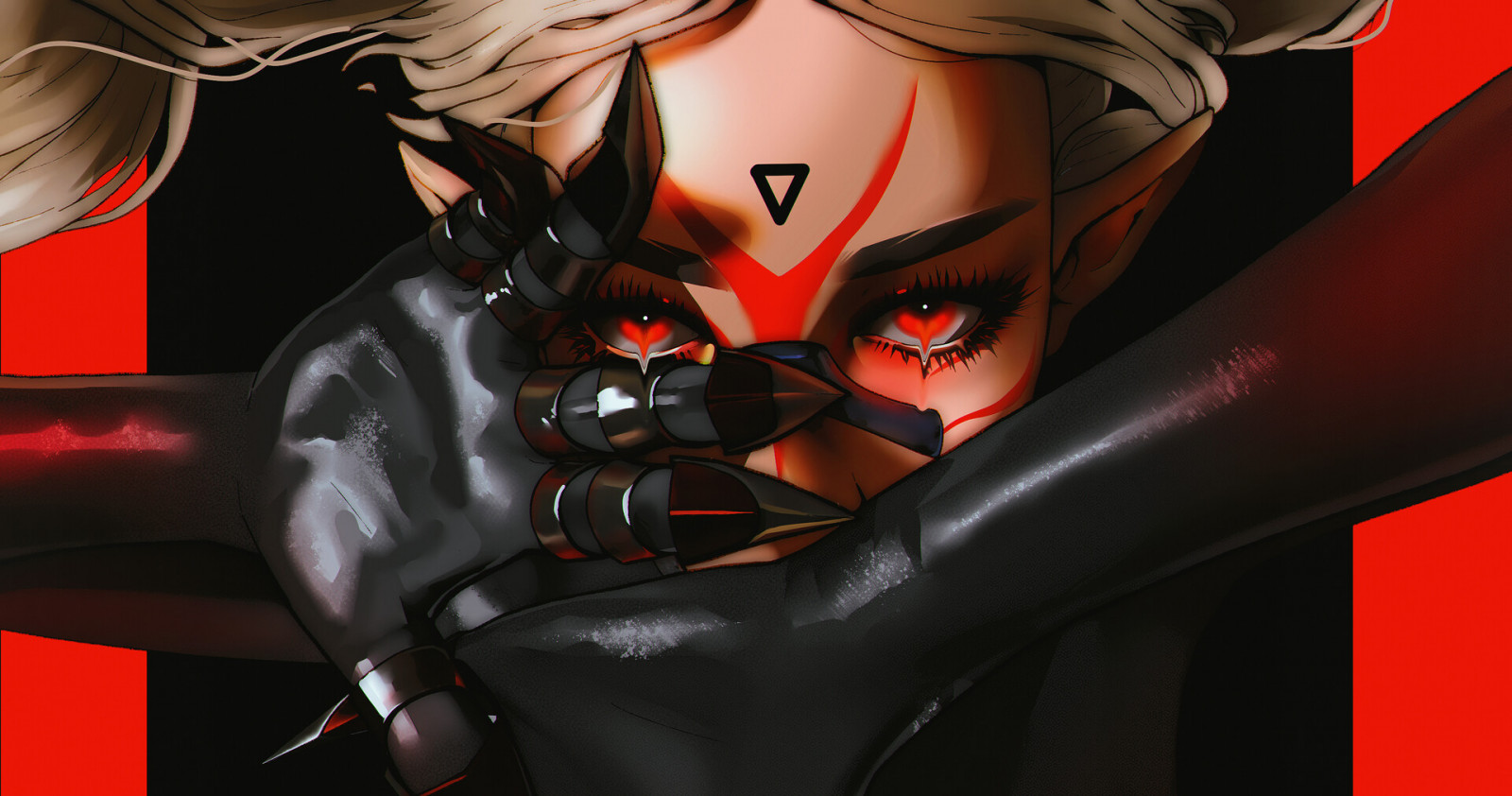 Poisonpink, digitální umění, umělecká díla, ilustrace, blondýnka, tvář, červené oči, ruce, podrobnosti, detailní, ženy, pointy ears