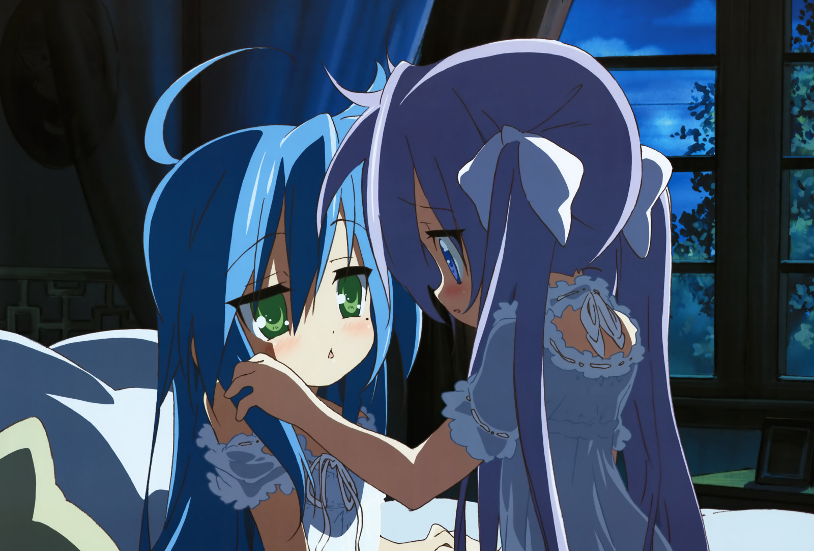 ilustrace, noc, anime, Šťastná hvězda, dívky, dotek, Snímek obrazovky, mangaka