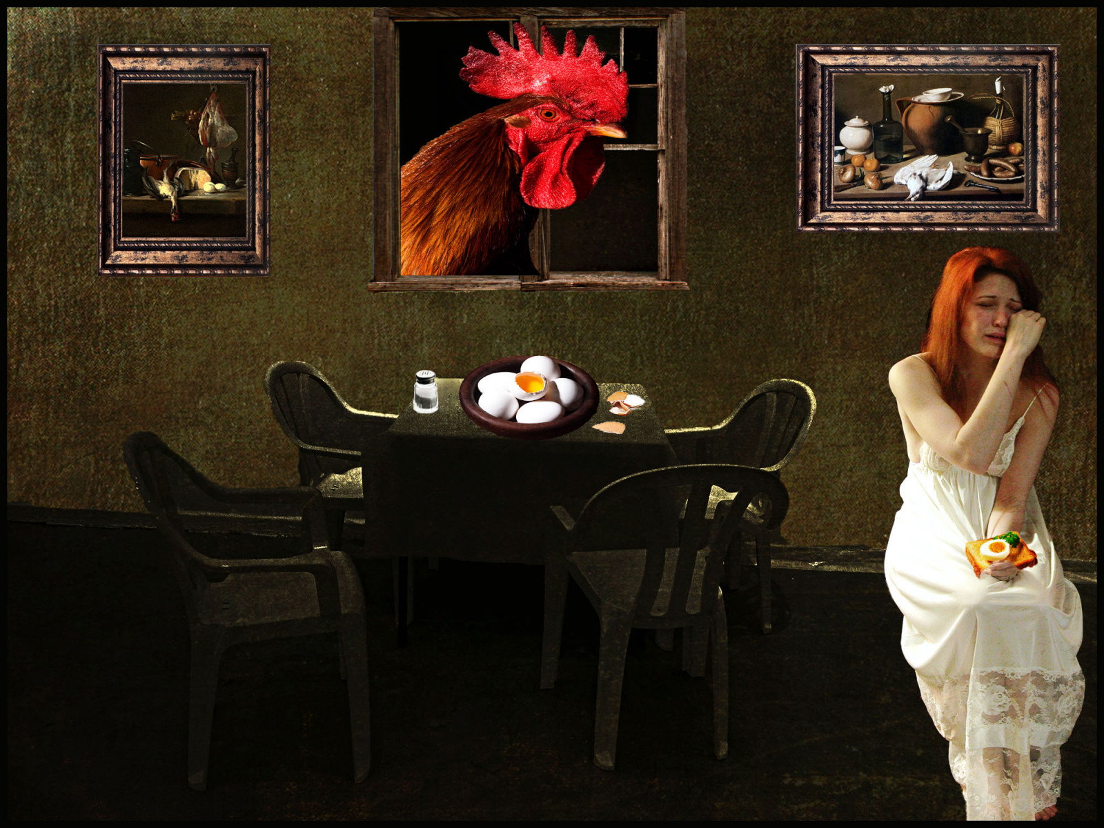 fotografie, dívka, stůl, pokoj, místnost, vejce, pláč, nadreálný, sendvič, vajíčka, Pojmový, destilačním, vegetariánství
