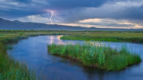 thunder storm, sky, lightning, river, island, grass
