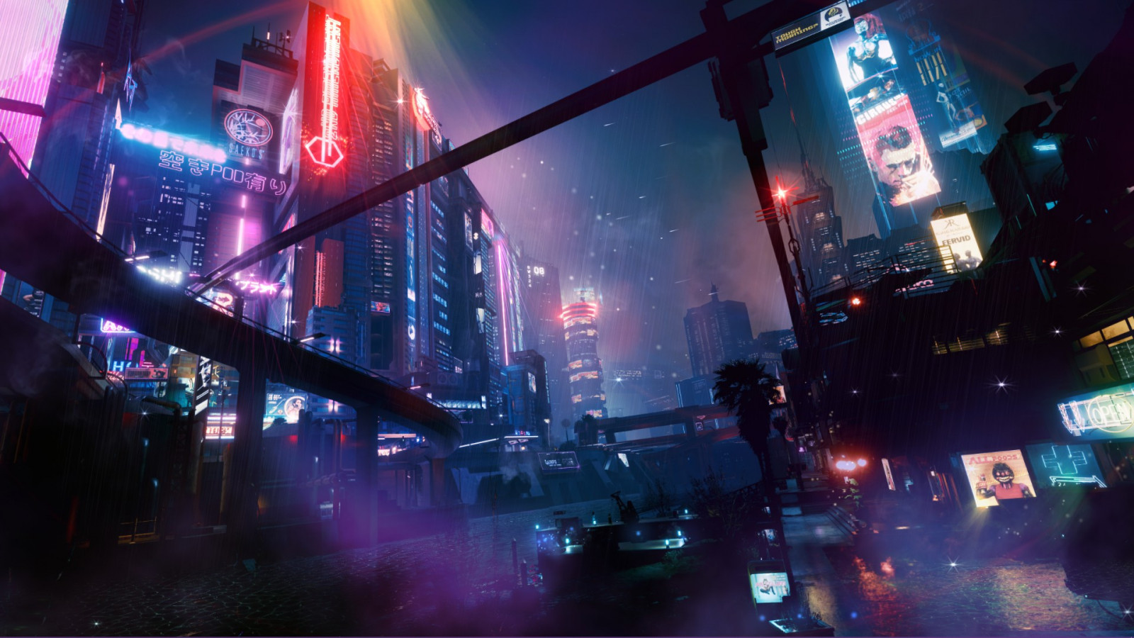 Cyberpunk 2077, futuristické město, nebe, Snímek obrazovky, cyberpunk, město, filmy, PC herní, digitální umění, nachový, růžový, modrý, CD Projekt RED, neon