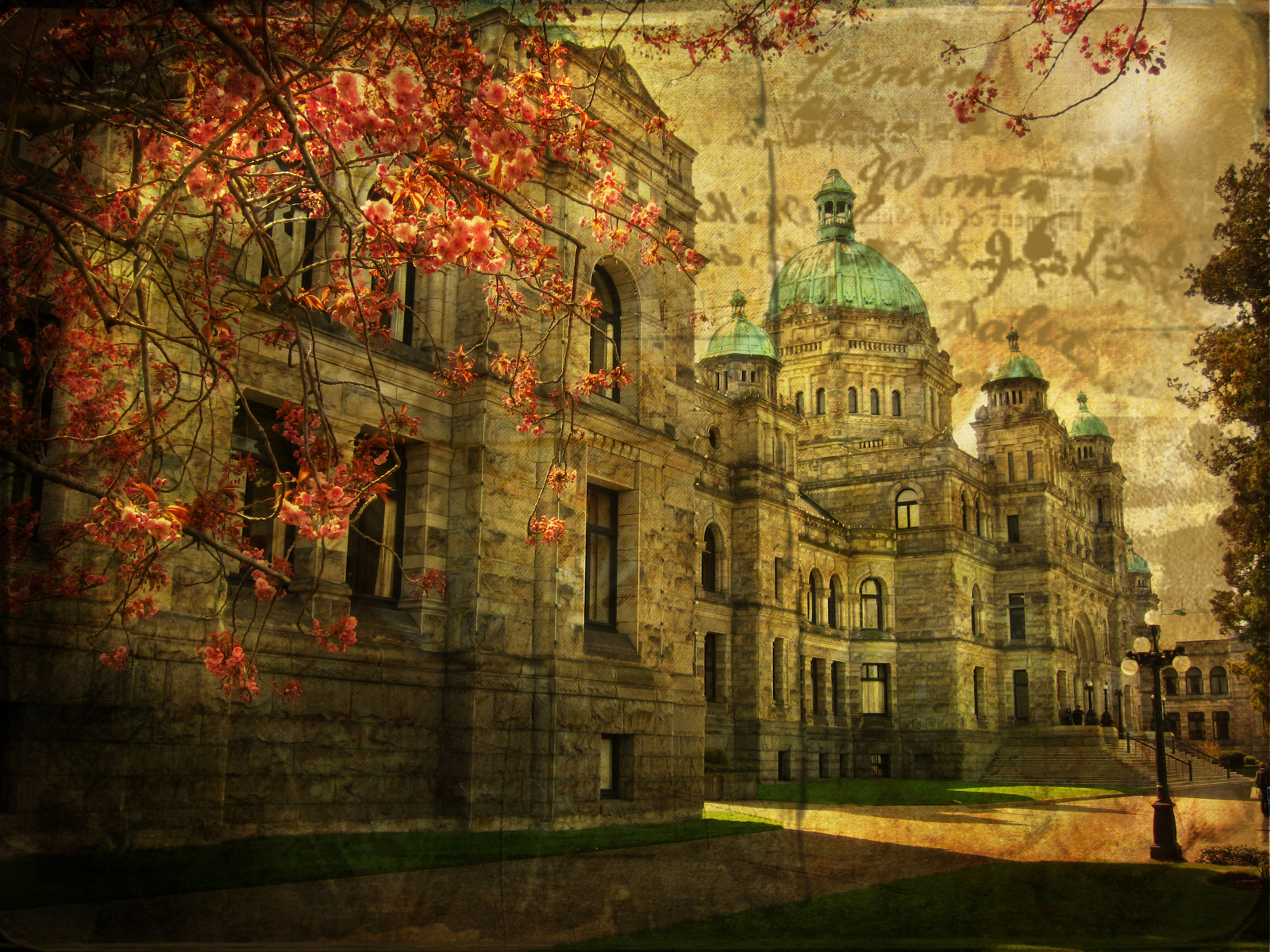 krajina, malování, noc, Příroda, budova, stěna, větev, hrad, dějiny, HDR, textura, květ, jaro, duben, UMĚNÍ, strom, podzim, fasáda, vancouverisland, tatot, zedzap, victoriabc, turistická atrakce, počítač tapeta, středověká architektura, rattenbury, bcparliament, visual arts