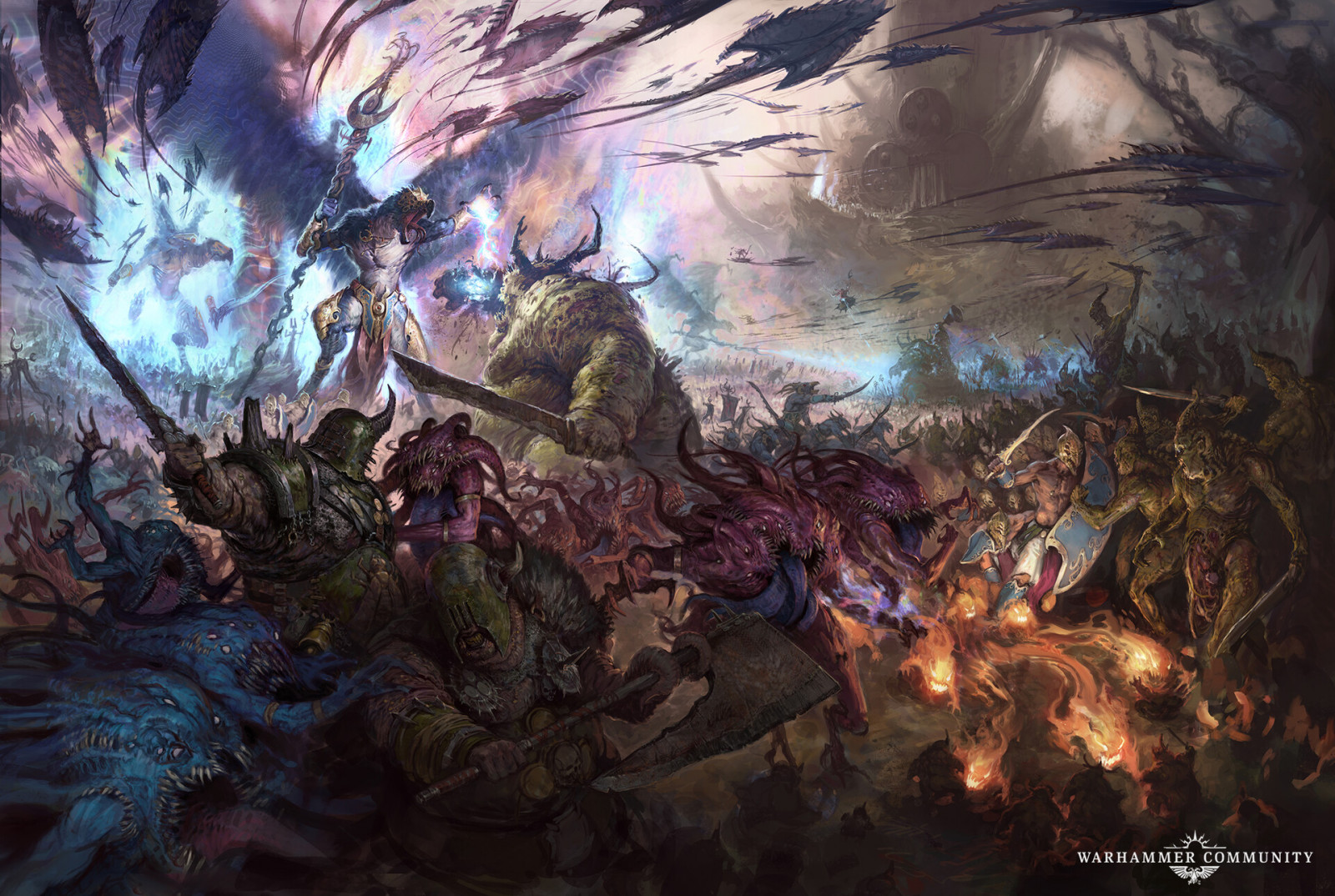 Warhammer 30 000, Warhammer 40 000, Warhammer, Space Marine, science fiction, technology, tzeentch, deamons, blue, pink, fire, sword, blades, lord of change, birds, sorcerer, sorcery, pink horror, blue horror, Nurgle, great unclean one, gun, bolter, Inquisition, sister of battle, Sisters of Battle, white hair, blue eyes, wings, red, silver, gold, skull, Horus Heresy, Horus Lupercal, horus, power armor