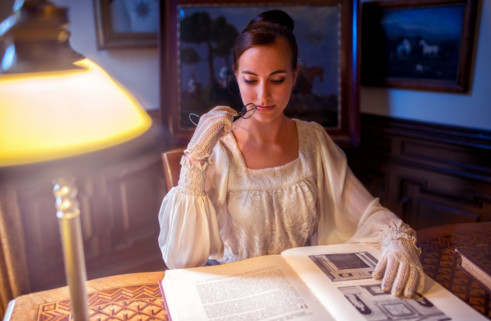 tempel, Kvinder, model, bøger, læsning, lampe, mode, skønhed