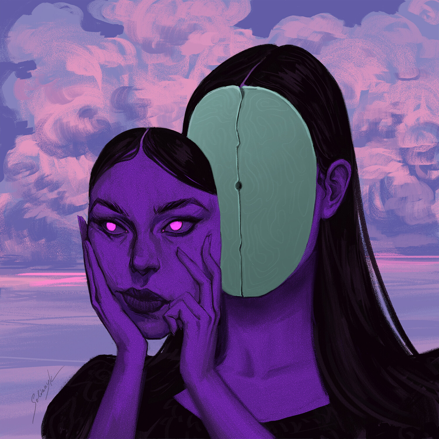 Mariia Solianyk, ženy, mraky, dlouhé vlasy, rovné vlasy, digitální umění, anonymní