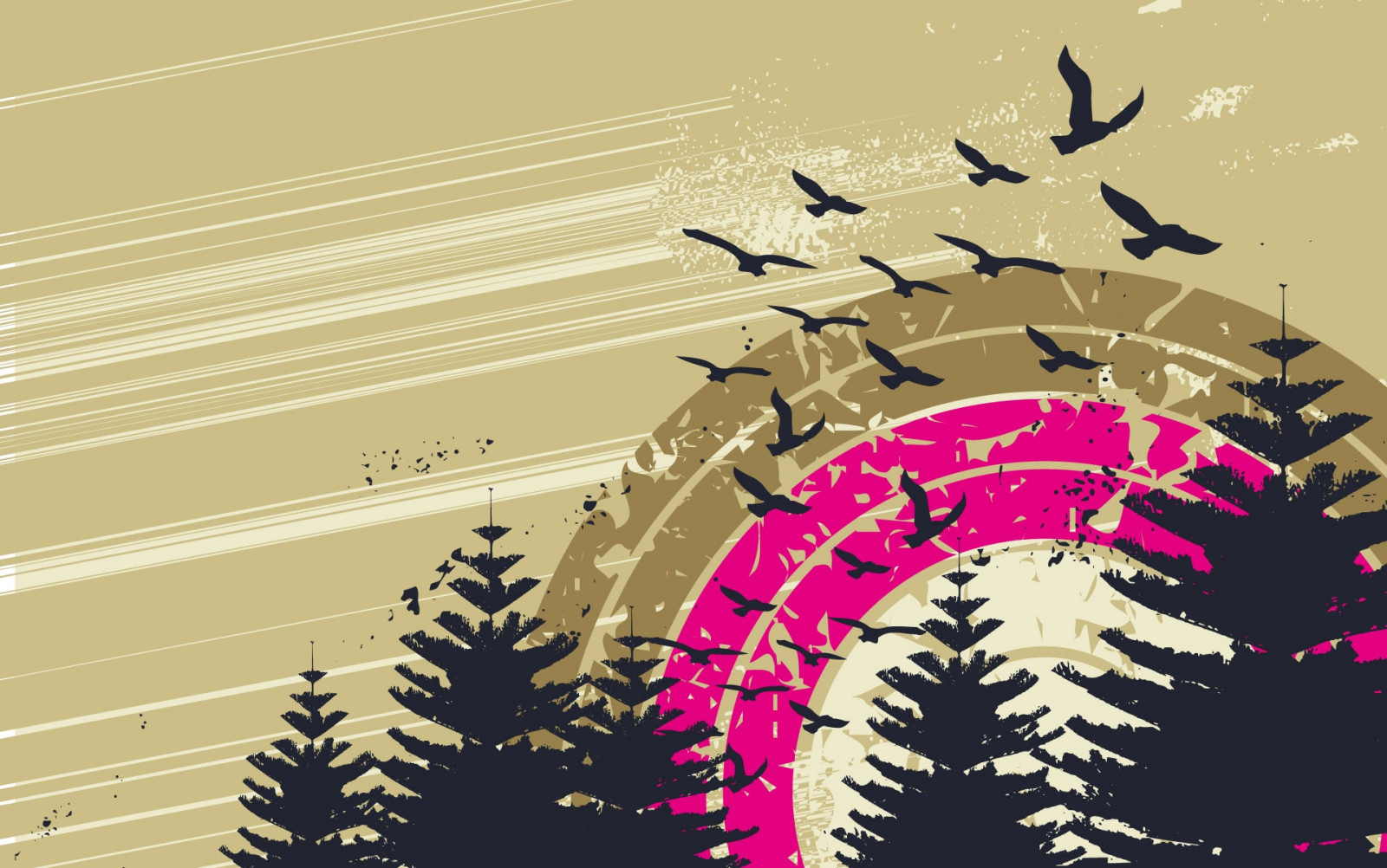 sky, birds, circles, trees