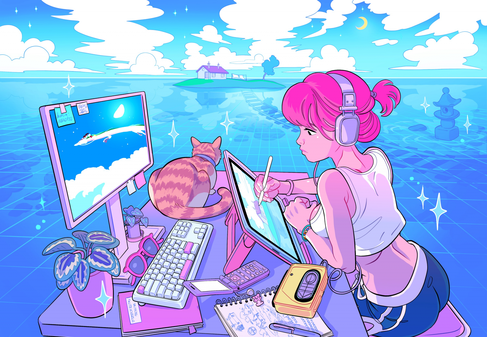 Chris Alliel, digitální umění, umělecká díla, ilustrace, ženy, modrý, sedící, výkres, Růžové vlasy, sluchátka, kočky, mraky, Měsíc, Bílé vrcholy, krátké kalhoty