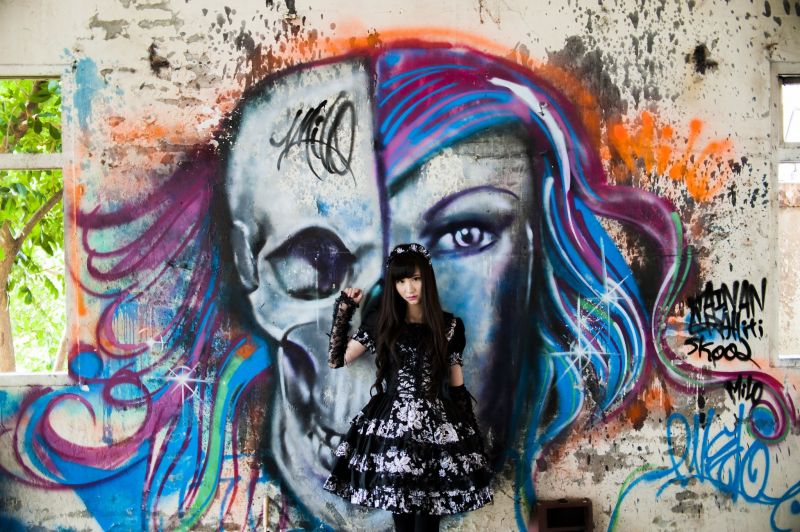 women, model, Asian, wall, graffiti, skull women, model, Asian, wall, graffiti, skull