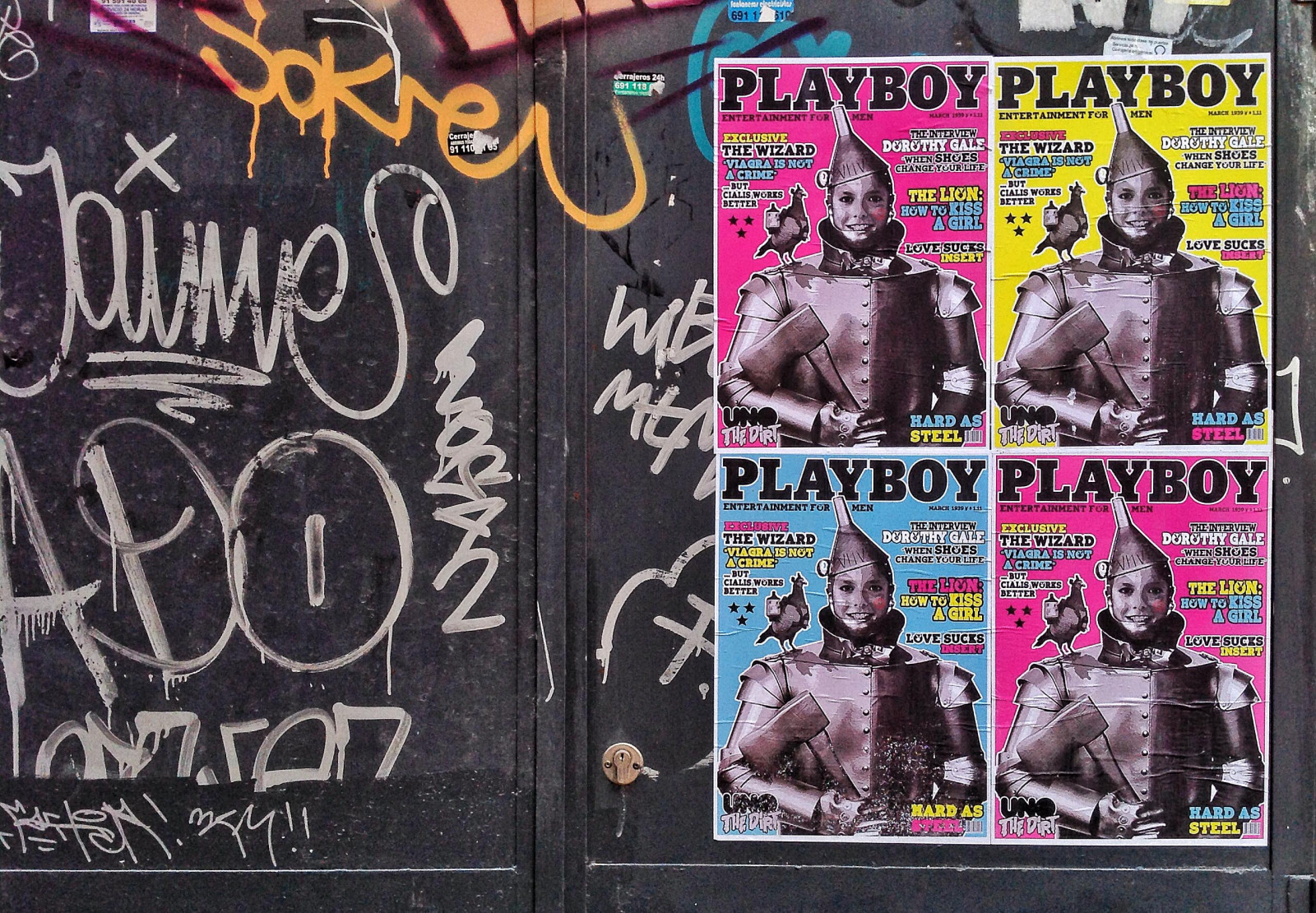 Madrid, arte di strada, uomo, pasteup, lattina, Spagna, colla di farina, più gentile, urbanart, Uno, Playboy, uomo di latta, lavapi s, lavapies, artecallejero, streetartmadrid, idontcareaboutuno, unostreetart, careaboutuno