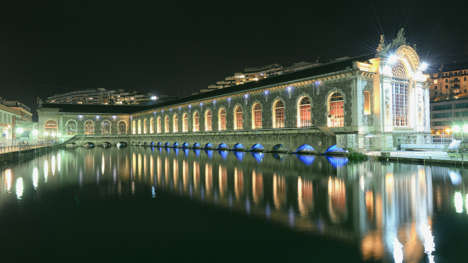 panoráma města, noc, voda, odraz, večer, most, Švýcarsko, Nikon, Evropa, soumrak, metropole, Ženeva, světlo, longexposure, stanice, Napájení, mezník, Geneve, suisse, vodní, Metropolitní oblast, hydro, hydroelektrický, b timentdesforcesmotrices