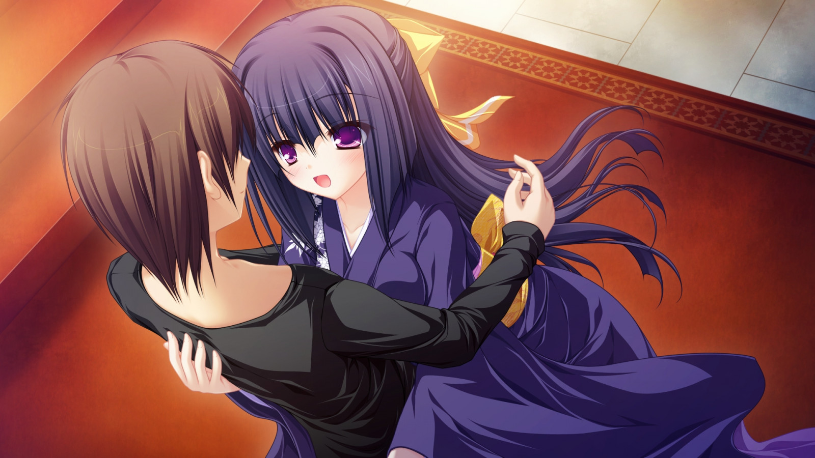 ilustrace, anime, černé vlasy, Gir, lunaris Filia, Minase Yukari, tanec, Snímek obrazovky, mangaka, mikagami mamizu, l pár, Kimón