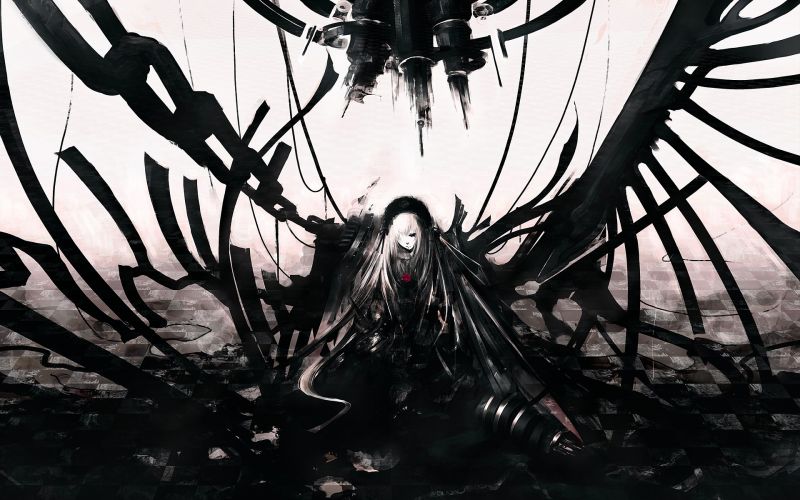 ilustrace, černobílý, anime, anime dívky, symetrie, Černá ilustrace, černobílý, anime, anime dívky, symetrie, Černá