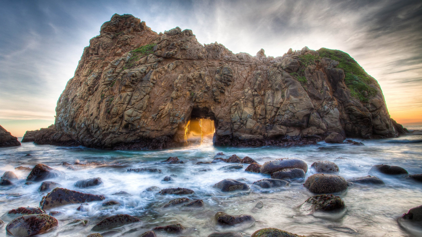 landscape, waterfall, sea, bay, water, rock, nature, shore, stones, beach, waves, coast, cliff, HDR, cape, Formation, Terrain, cloud, ocean, wave, material, cove, landform, geographical feature, body of water, wind wave, water feature