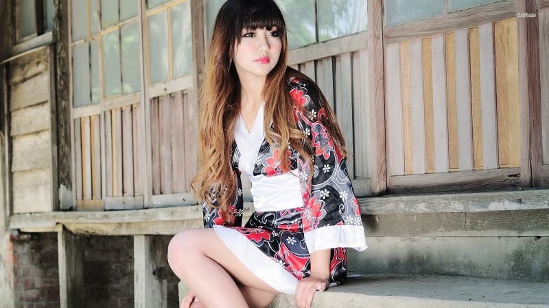 ženy, model, asijský, Červené, šaty, móda ženy, model, asijský, Červené, šaty, móda