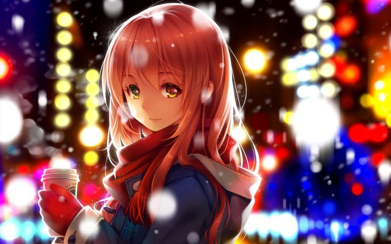 anime, anime lányok, manga, Lámpák, hó, téli anime, anime lányok, manga, Lámpák, hó, téli