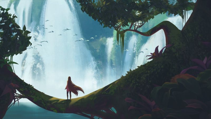 trees, waterfall, birds, lake, illustration, fantasy art trees, waterfall, birds, lake, illustration, fantasy art