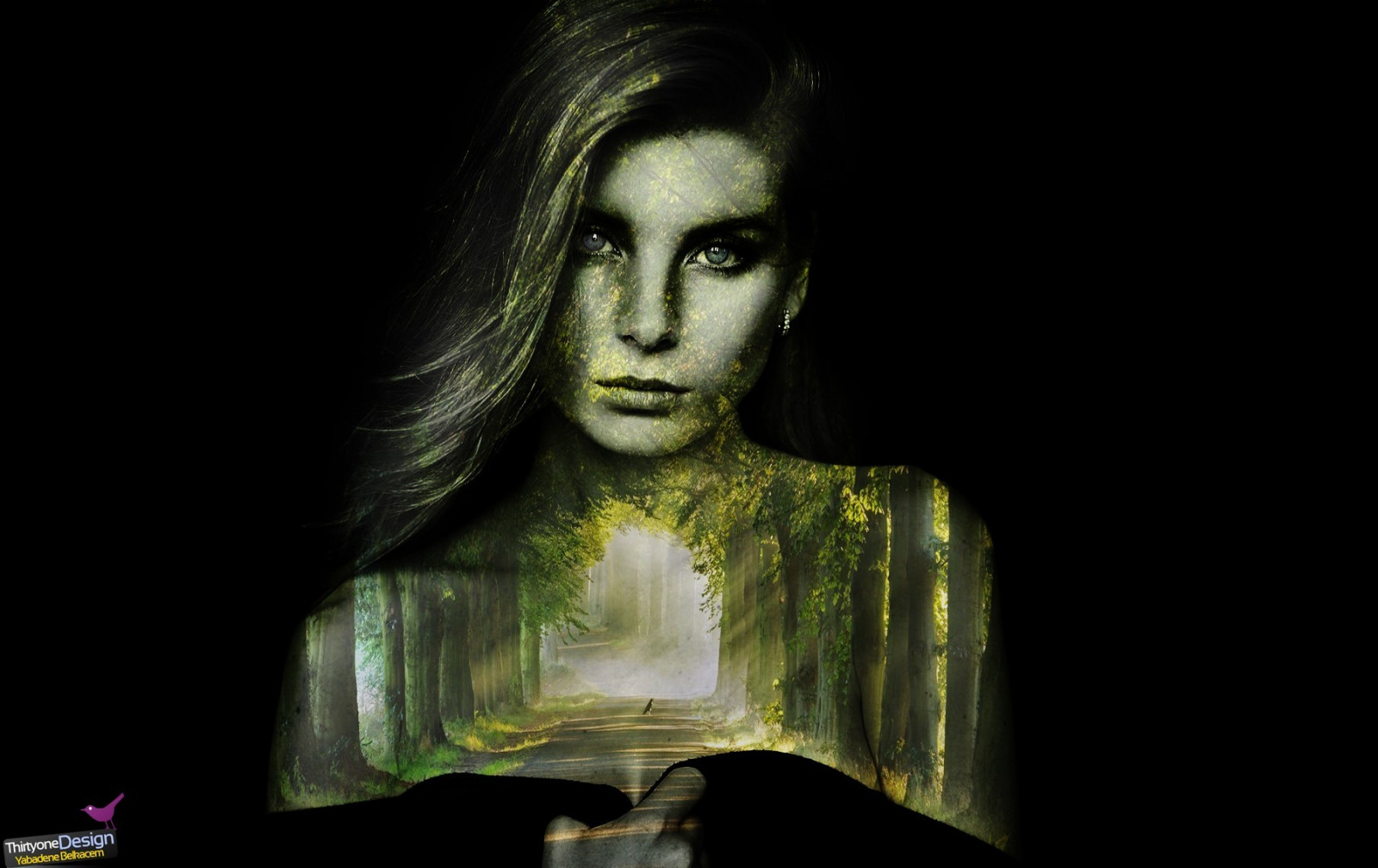 bílý, Černá, ženy, portrét, kočka dívka, zelená, dvojexpozice, účinky, tma, počítač tapeta, fiktivní postava