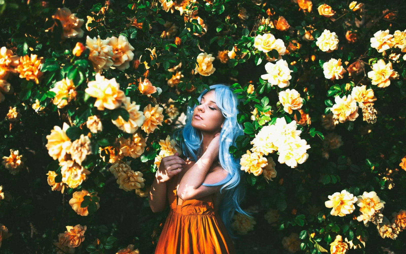 Wallpaper women, dyed hair, flowers, closed eyes, yellow, spring