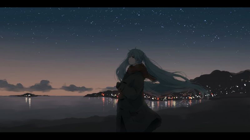 noc, anime, zima, večer, Vocaloid, Hatsune Miku noc, anime, zima, večer, Vocaloid, Hatsune Miku