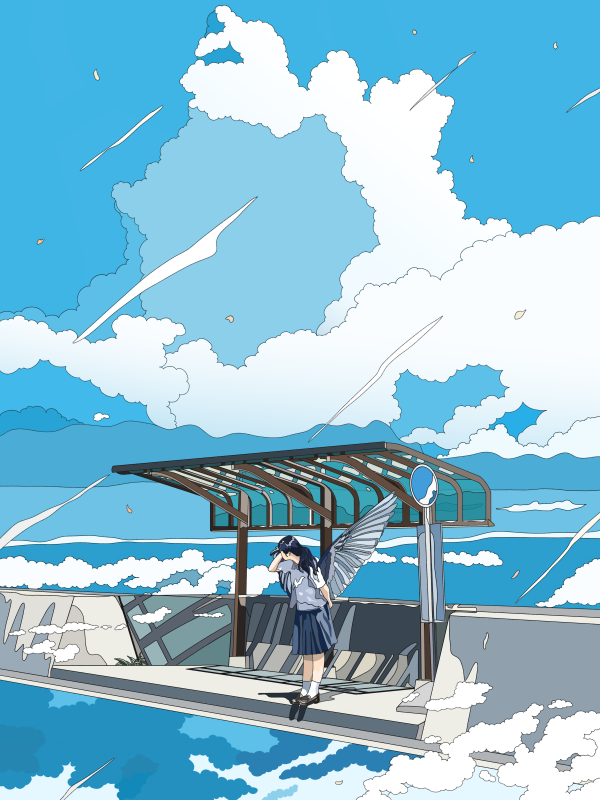 digital art,artwork,illustration,clouds,sky,bus stop