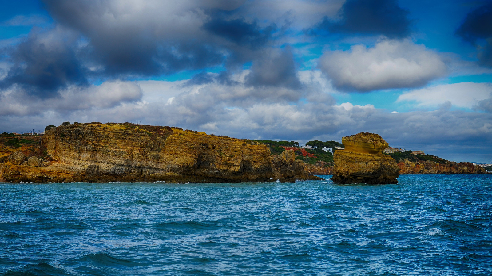 oceán, modrý, moře, útes, přímořská krajina, barva, Portugalsko, mraky, pobřeží, pobřeží, barvitý, Evropa, den, zakalený, jižní, skály, atlantický, pobřežní, západní, algarve, HDR, Albufeira, mrzutý, 