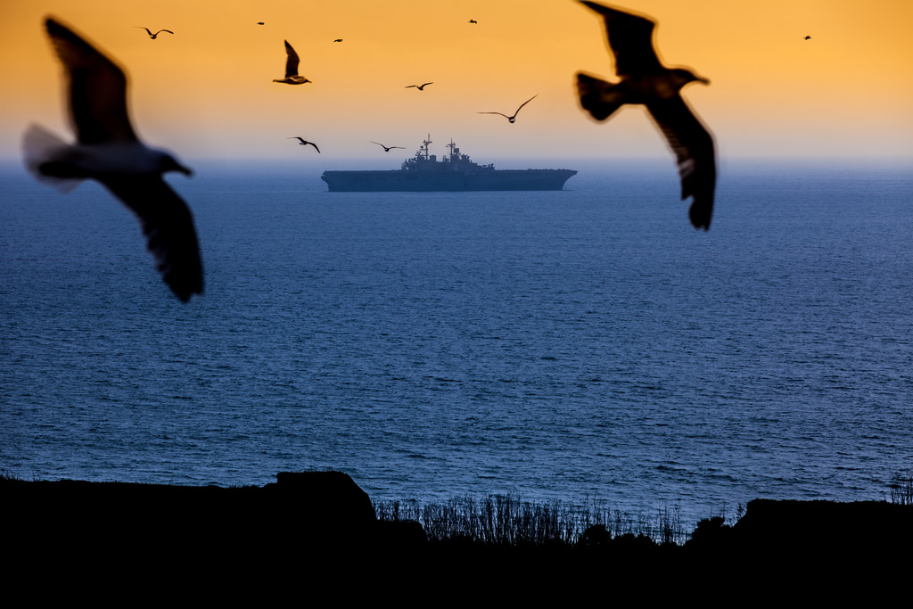 oceán, západ slunce, voda, ptactvo, silueta, Kánon, loď, Časová prodleva, válka, Pacifik, válečný, Tichý oceán, ptáci, Bitevní loď, 70200 mm, camppendleton, 180mm, jeffmorris, itwasthelight, 5d2, 32013