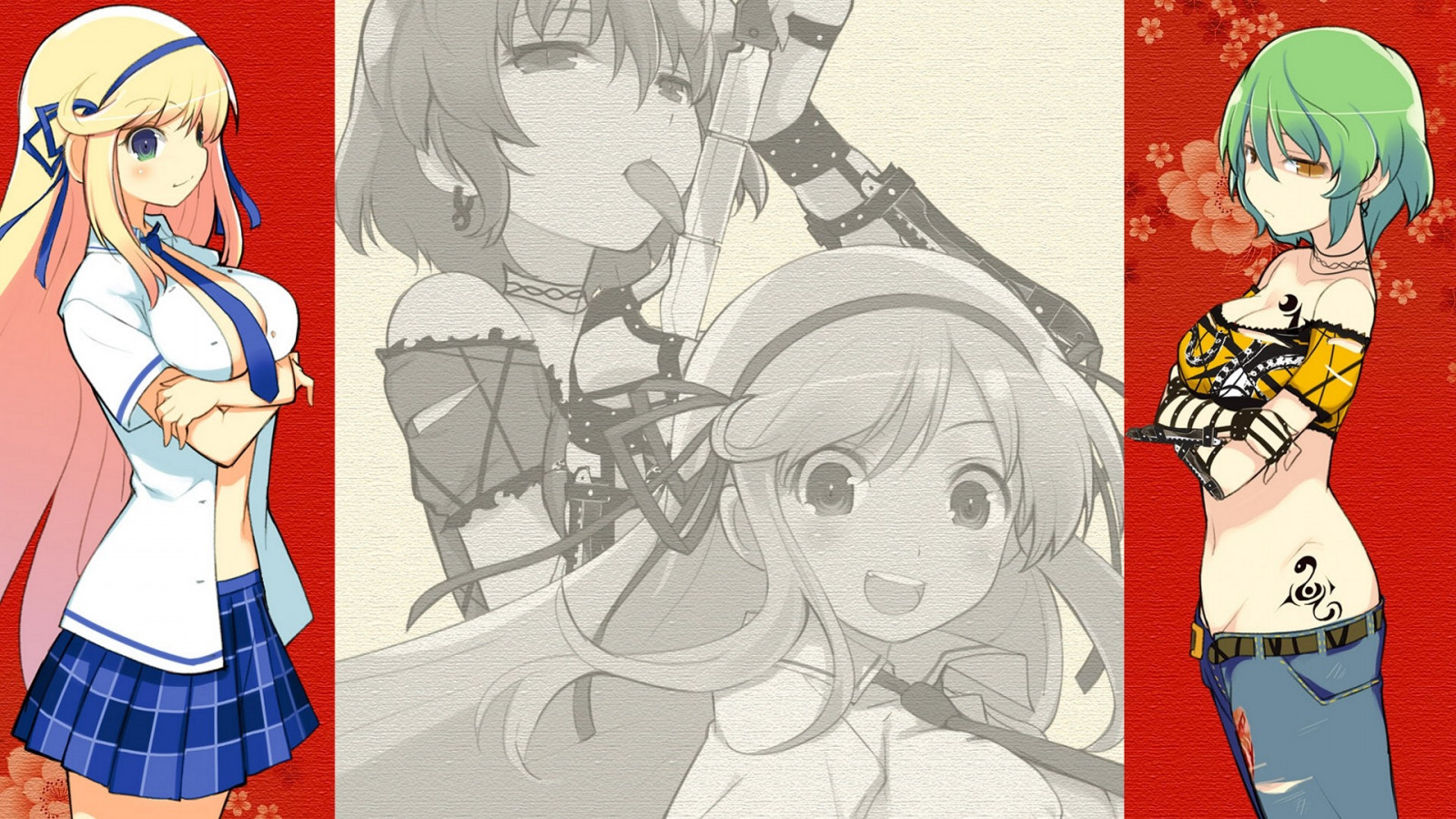 1920x1080 px, břicho, kočka, výstřih, oči, zelená, vlasy, Hikage, Kagura, Katsuragi, výprask, otevřeno, škola, Senran, košile, meč, tetování, uniformy, pás, žlutý