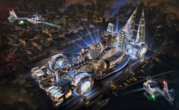 cityscape,CGI,car,Formula 1,Bahrain,helicopters
