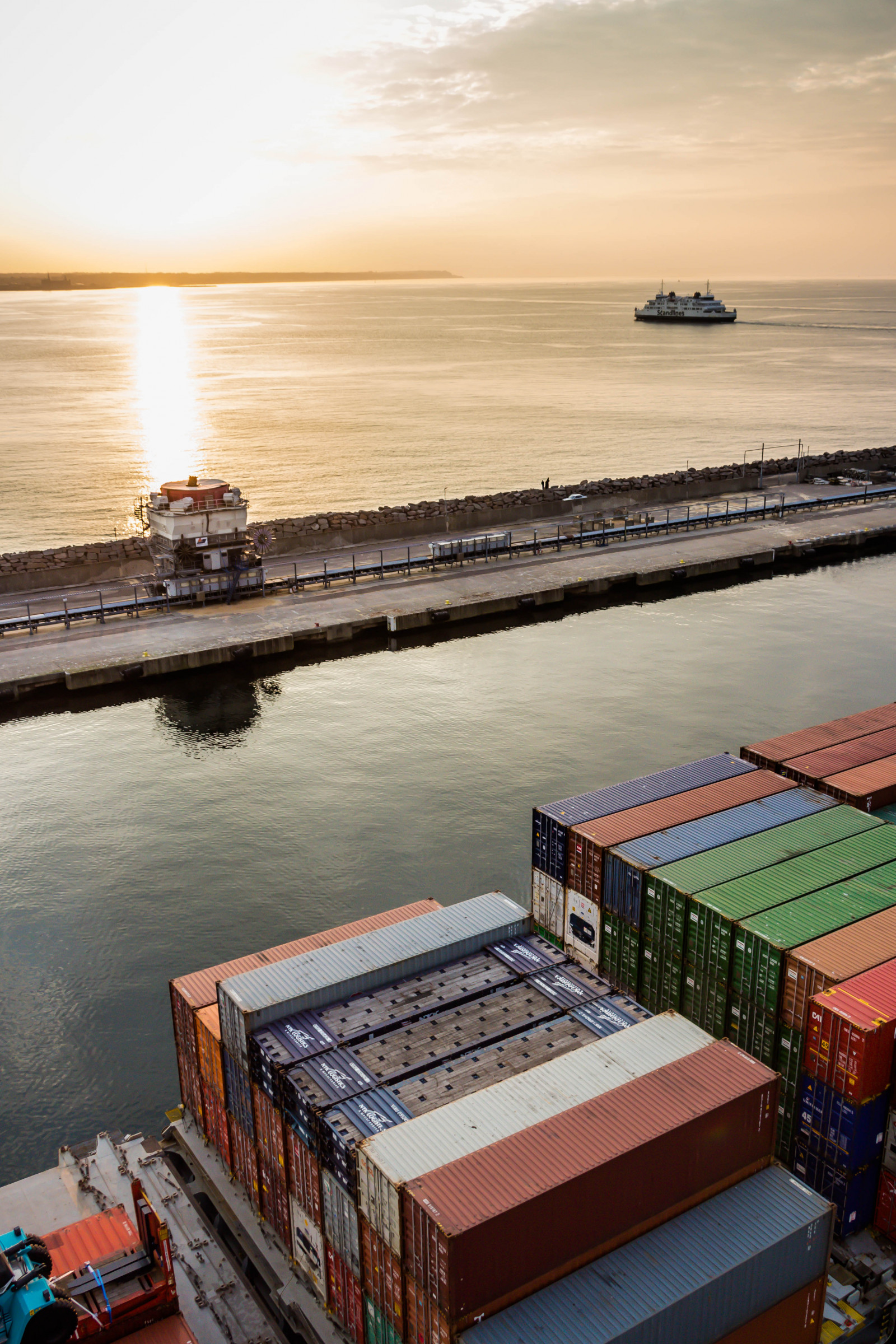 západ slunce, moře, odraz, vozidlo, svítání, večer, pobřeží, molo, dok, kontejner, oceán, helsingborg, přístav, jeřáb, kran, attackfoto, helsingborgshamn, portofhelsingborg